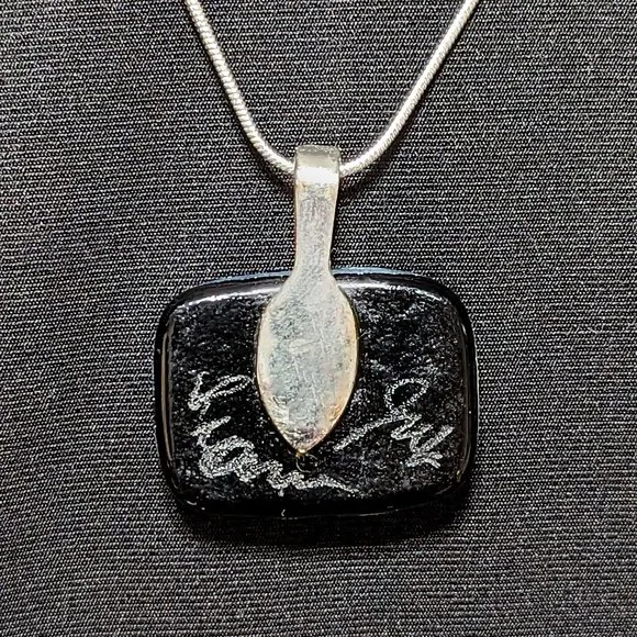 Wow Signed Silver Dichroic & Black Solid Glass Pendant w/ Sterling Silver Chain - Picture 3 of 6